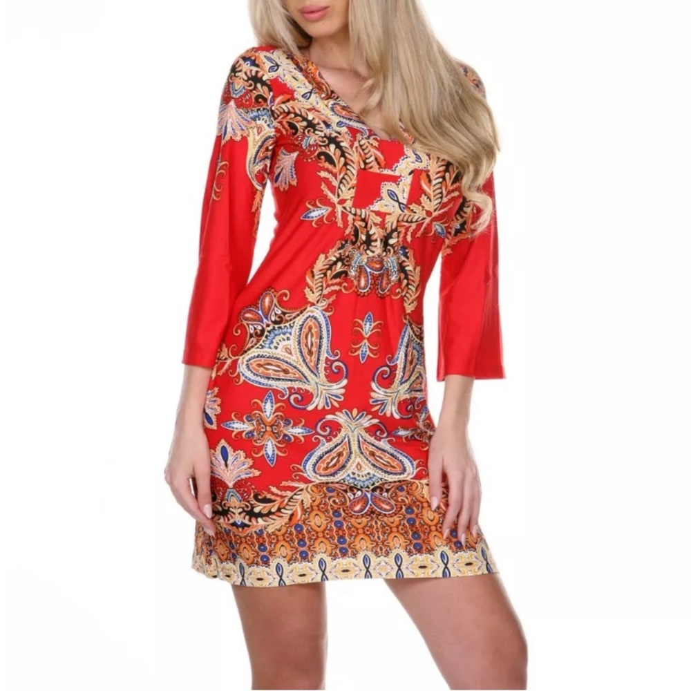 White Mark Womens Venetian Print Dress Bodycon Red Gold Medium NWOT